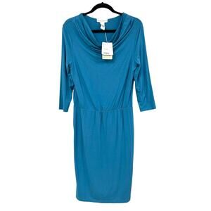 NWT Doncaster Blue Jersey Draped Cowl Neck ShIrt Dress Womens M $150